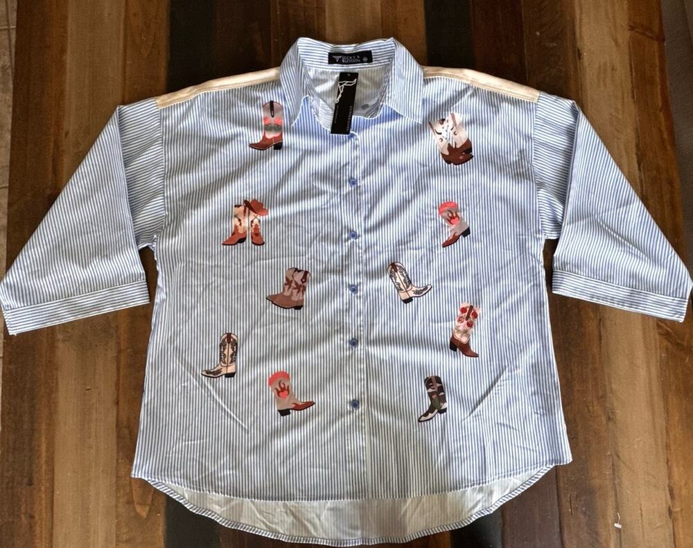 Lucky & Blessed Western Button Up Shirt Womens 2XL 2X Cowboy Boot Stripe Suede